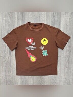 Kids Brown Graphic Short-Sleeve Tee with Smiley & Flame Motifs